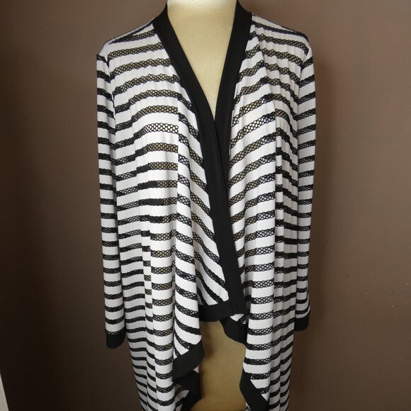 IC COLLECTION Sweaters - IC by Connie K Women's 2X Black & White Striped Open Cardigan Mesh Detail